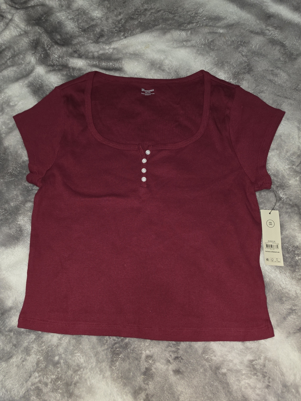 No Boundaries Burgundy Short Sleeve Crop Top with Button Accent